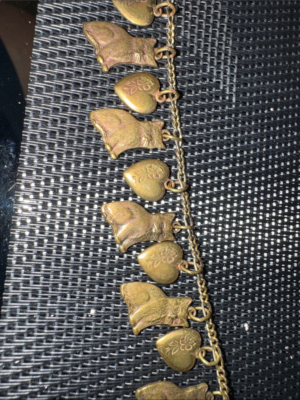 Vintage inspired Brass Heart & Cat Charm Bracelet - Gold-Tone chain 7.5”